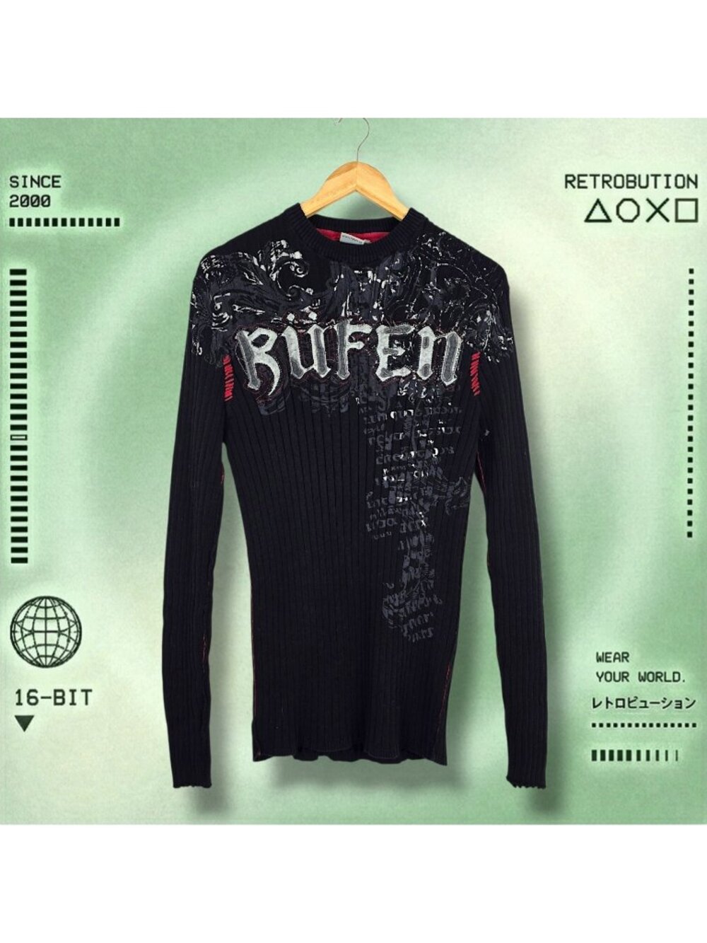 Y2k Graphic Ribbed Long Sleeve Knit Sweater Black Size L